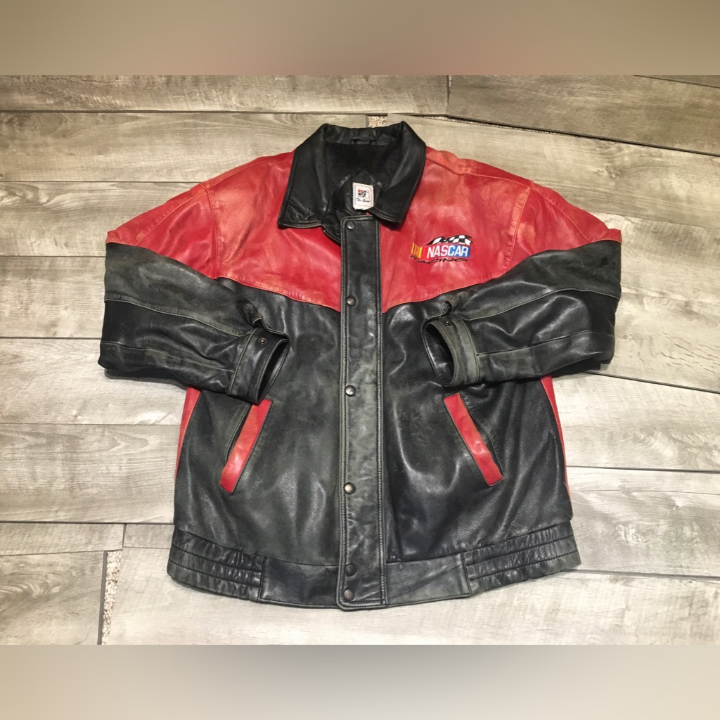 Vintage The Game Nascar Car Racing Distressed Black Leather Jacket Coat Size Xl